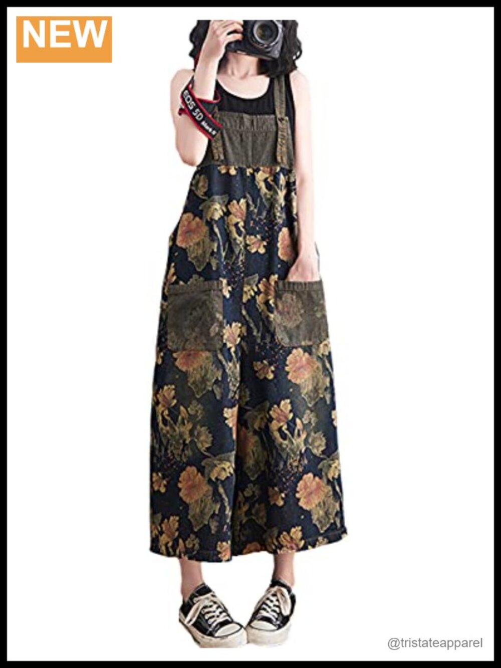 Womens Floral Print Denim Overalls Baggy Loose Fit Jumpsuit with Pockets